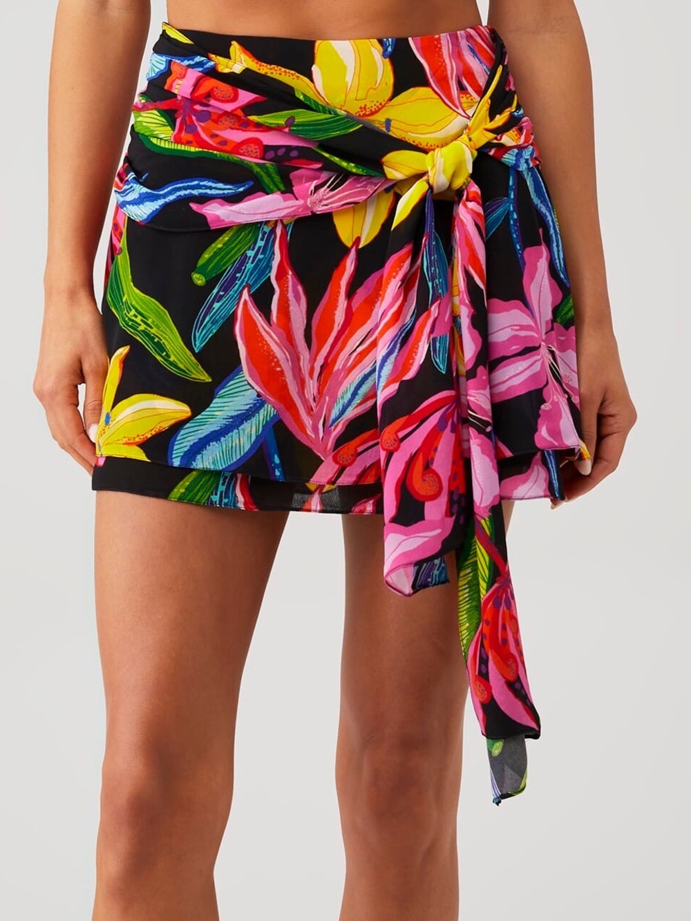 Rococo Sand Tropical Floral Wrap Mini Skirt Multicolor Ruffle Hem 39135